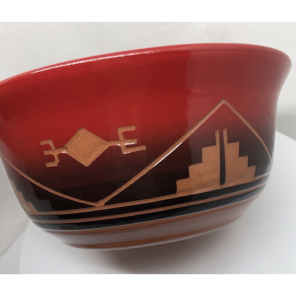 Original Art Pottery Native American Traditional Symbols Bowl Artisan Signed Red - Picture 3 of 16